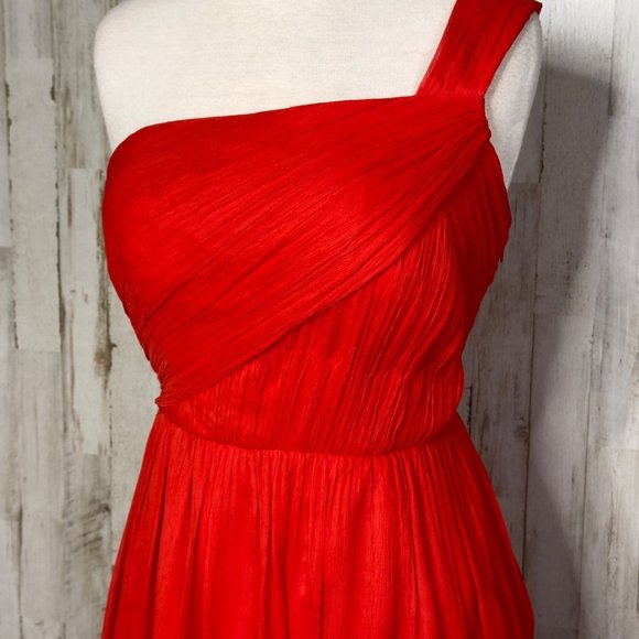 J Crew Vivid Poppy Red Pure Silk Lucienne One-Shoulder Chiffon Mini Dress Size 6 - Picture 2 of 12